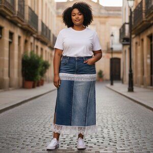 Upcycled Madewell Denim Midi Skirt Size 33 Handmade Single Side Slit Stretcy